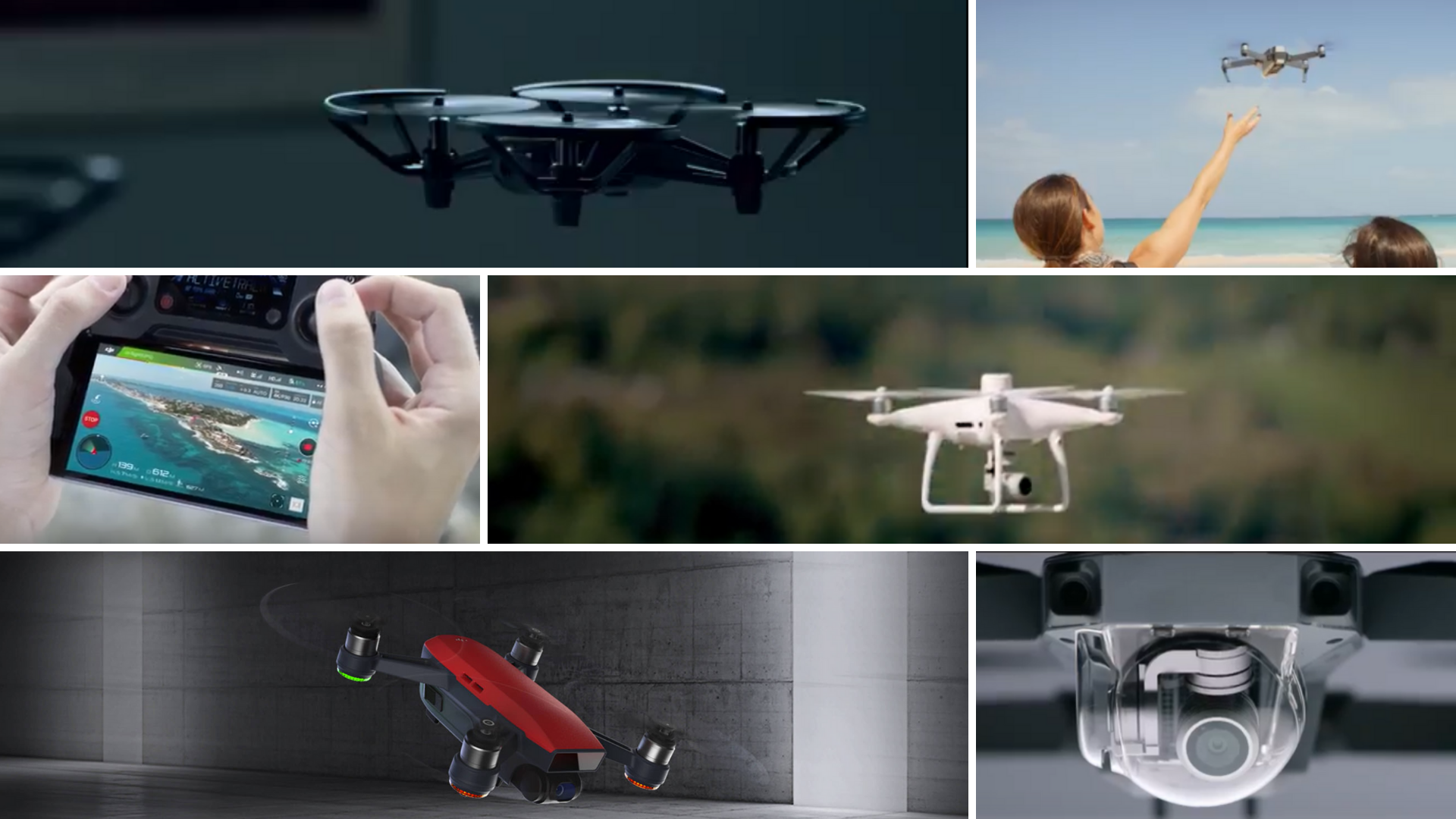 a variety of close-up shots depicting drones in various stages of flight